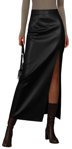 PRETTYGARDEN Womens Faux Leather Skirts 2026 Fall Fashion Bodycon High Waisted Slit Work Office Winter Maxi Long Pencil Skirt (Black,Large)