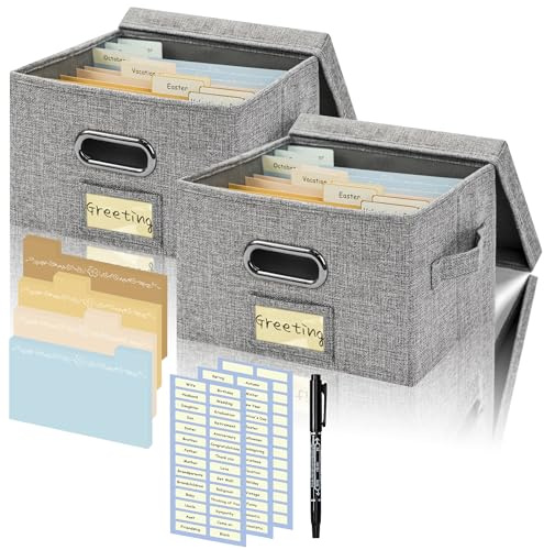 Remowith Grußkarten-Box Set 2-teilig, Leinen Grau | 2 Aufbewahrungsboxen, je 20 Trennwände & Etiketten, organisiert Karten & Fotos, stabiles Geschenk