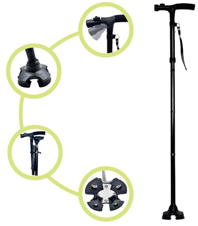 Faltbarer Gehstock mit LED-Licht, verstellbare Stöcke und Gehstöcke für Damen und Herren, Gehstock für ältere Menschen mit gepolstertem T-Griff und schwenkbarem Quad-Basis