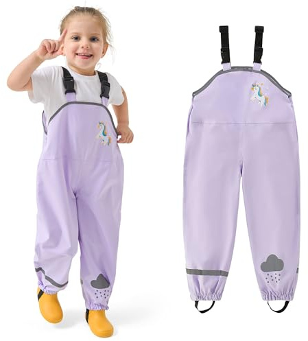 JinBei Kids Waterproof Dungarees Lightweight Girls Rain Trousers with Adjustable Shoulder Strap Overalls Pants Reflective Strip Mud Over Trouser Cute Pattern Rainwear Purple, Age 6 Years