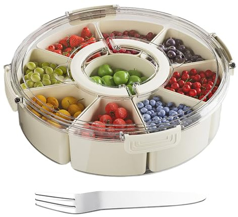 Gsrhzd Snackbox mit Fächern, Rund Große Snackdose mit 9 Fächern, Deckel, Griff, 4 Gabel, Snackteller mit Deckel, für Snacks Süßigkeiten Nüsse Obst Gewürze, für Party Picknick Trips