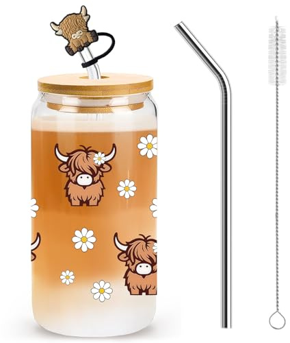 Nymora Highland Cow Glass Cup with Lid and Straw, 16oz Cute Tumbler for Iced Coffee, Cocktails, and Drinks, Highland Cow Gift for Women and Girls (B)
