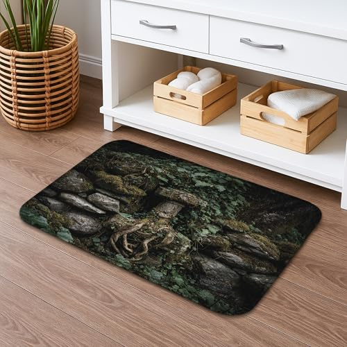 Nature-Inspired - Tapete de baño de secado rápido, diseño rústico de piedra e hiedra, absorbente, antideslizante, de espuma viscoelástica, lavable durante todo el año, para baño, inodoro, baño