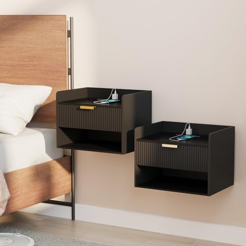 Arbuxzuy Floating Nightstand Set of 2 with Charging Station and Drawer