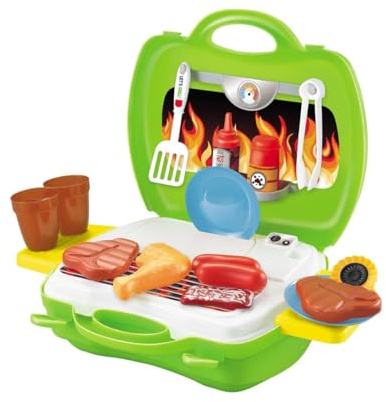 BBQ Kids Grill Playset 22 Pieces – Pretend Play Barbecue Set with Toy Food, Utensils & Portable Suitcase – Toddler Outdoor Cooking Role Play Kitchen Set – Boys & Girls Ages 3+