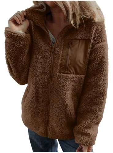 AACH Damen Winterjacke Langarm Lammwolle Teddyjacke Schickes Winter Plüschjacke Lässig Jacke Mantel Frauen Vielseitige Outdoorjacke Ohne Kapuze Teddyfleece Herbstjacke Zipper Leicht Wolljacke