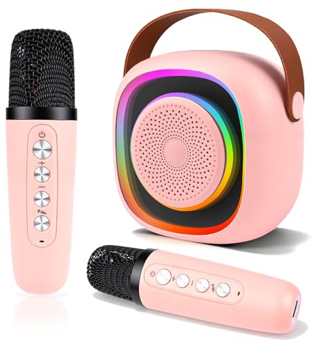 Karaoke Maschine Kinder mit 2 Karaoke Mikrofon Kinde Mini Tragbares Bluetooth Lautsprecher mit Stimme wechselnde Effekte & LED Lichteffektenfür Partei, Geschenke für Geburtstag, Weihnachten (Pink)