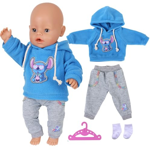 4 Stück Puppenkleidung für 14-18 Zoll Baby Puppen, Baby Kleidung Outfits mit 1 Blauer Welpe Kapuzensweatshirt 1 Graue Hose 1 Paar Socken 1 Hänger Kompatibel mit 35-43 cm New Baby Puppen