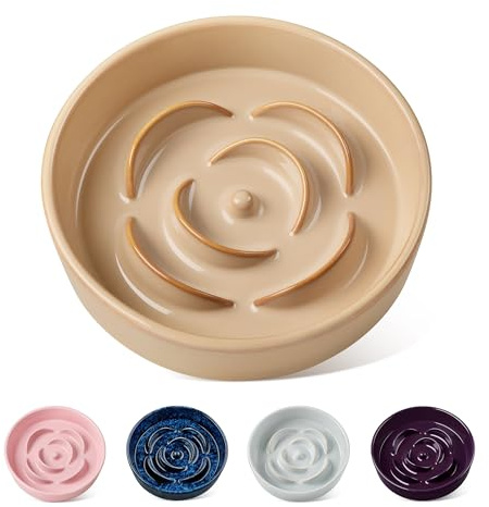 vancasso Flower Shaped Slow Feeder Dog Bowl 360ml Pet Bowl, Ceramic Puzzle Feeder for Small Dogs & Cats, Dishwasher & Microwave Safe, Ideal for Food and Water, Non-Slip & Tip-Proof; Beige; Small