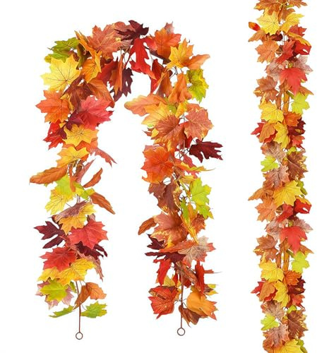 2er-Pack Herbstgirlande Herbstblätter, 1,7 m/Stück Künstliche Ahornblätter Girlande, Herbst Girlande Ahornblätter mit Haken für Innen Außen Hochzeit Thanksgiving Tür Fenster Tisch (Orange, 2Pcs-170cm)