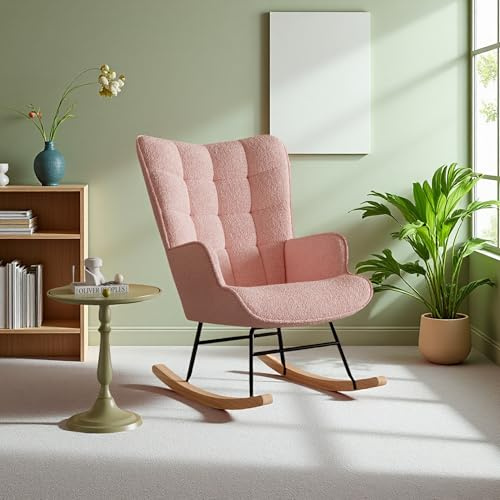 Poltrona a dondolo, Sedia a dondolo Allattamento con braccioli e piedi in legno, sedia a dondolo interna in velluto Teddy per camera da letto e soggiorno, schienale a quadretti, 68 x 75 x 92 cm (rosa)
