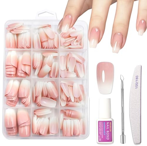 240PCS Ombre Stick on Nails Set - Short False Nails French Tip - Acrylic Press on nails - Coffin Fake Nails with Glue - Natural Gradient Glue on nails for Women in 12 Sizes Full Cover Long Lasting