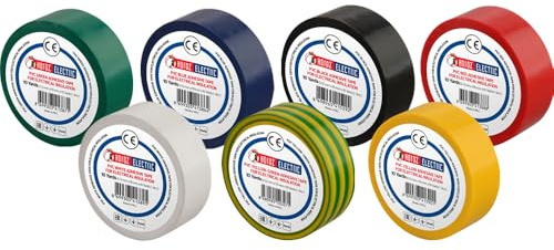 HOROZ ELECTRIC Lote de 7 piezas Cinta Aislante PVC Mezcla de Colores 19mm x 9m - Cinta Eléctrica Autoadhesiva para Cables, Fuerte Adhesión, Cinta de Reparación Profesional Resistente al Calor