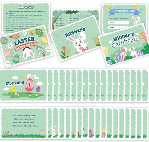 AhfuLife 27 Blatt Ostereiersuche Hinweiskarten für Osterei-Schnitzeljagd, Wiederverwendbar Oster-Schatzsuchekarten Indoor Outdoor für Kinder Ostern Party Deko Eiersuche Spiel Garten Zuhause Hof