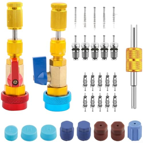 Lot de 31 outils de démontage de noyau de valve R134a pour systèmes de climatisation de voiture, changement rapide haute basse pression AC pour kit d'entretien, outils de réparation CVC en laiton et
