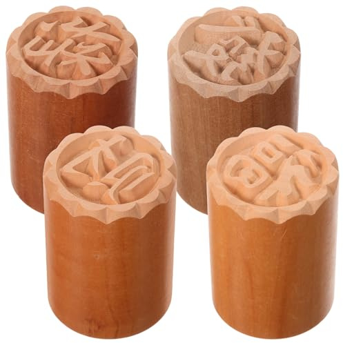 Timbro per Biscotti in Legno 4 Pezzi Motivi Decorativi | Pressa Manuale per Dolci, Uso Creativo in Cucina, Lunga Durata, Adatta a Mooncake Cinese e Decorazioni