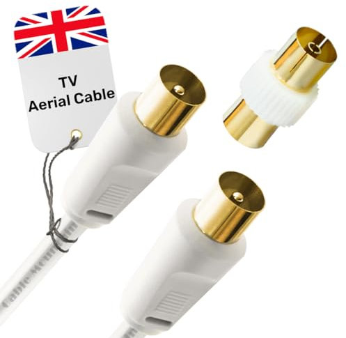 Coaxial TV Aerial Cable 1m - Male To Male Gold Plated RF Tv Cable with Adapter - Antenna AV Lead for Freeview, Freesat, Tv Antenna Extension - White Straight Connection