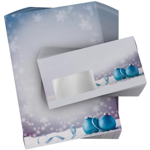 Weihnachtsbriefpapier Set 100-tlg. | Weihnachtskugeln im Schnee | 50 Blatt Motivpapier A4 + 50 Briefumschläge DIN LANG | Briefpapier Set