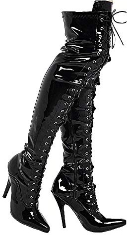 Gizelle LADIES BOOTS WOMENS THIGH HIGH OVER THE KNEE BOOTS FRONT LACE HEEL (6, Black Patent)