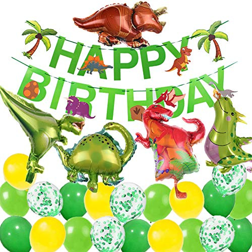 Kindergeburtstag Deko Dinosaurier Happy Birthday Girlande und Folienballons Dinosaurier mit Konfetti Luftballons Grün für Kindergarten Dekoration Urwald Party Geburtstag Junge