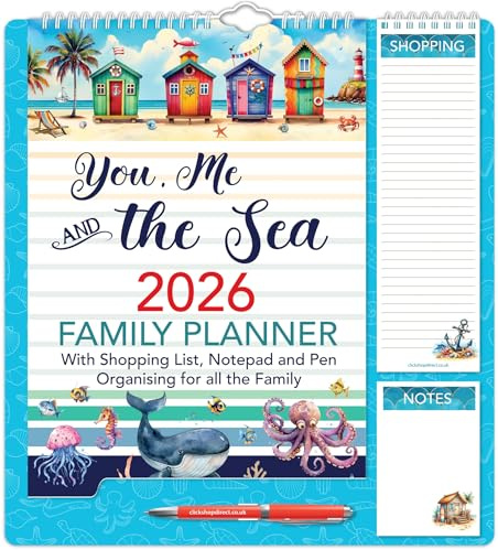 2026 Family Organiser Calendar Wall Planner With Memo Pad, Pen & Shopping List - You Me And The Sea - Monthly Five Columns