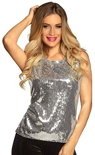 Boland - Top in paillettes argento, top glitterato, reginetta della discoteca, vestito da festa, costume, festa a tema, carnevale