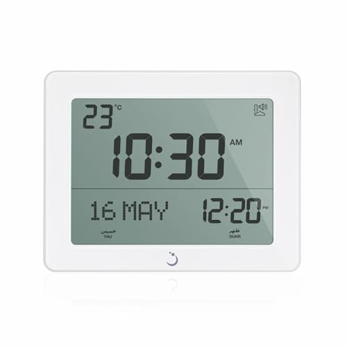 ALFAJR Alfajr Automatic Worldwide Digital Azan/Athan/Nimaz Prayer Wall and Desk Clock CF-19 (White) with Detachable Frame (Dark Brown)