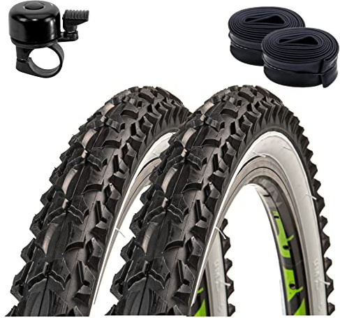 2 x Roverstone 26 Fahrradreifen Fahrradmantel schwarz/weiß 57-559 (26x2,125) + 2 Schläuche DV inkl. Fahrradklingel