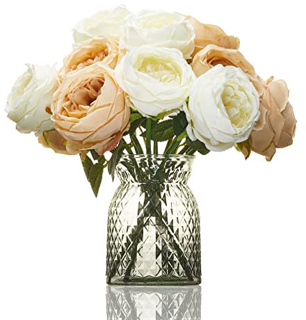 Waisted Glass Vase for Flowers - Small Grey Glass Vase 16cm Patterned – Decorative Modern Peony Posy for Roses Daffodil Tulips – Gifts for Mothers Day