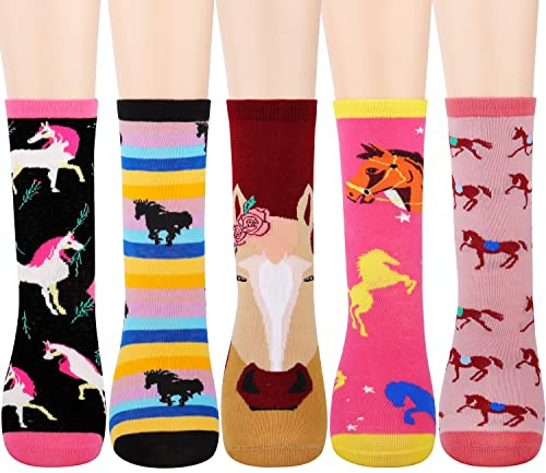 Jeasona 5 Pairs Horse Kids Socks for Girls - Cotton Cute Stocking Stuffer, Horse Lover Gifts for Daughter