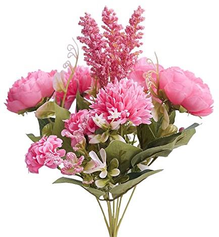 The Baked Studio – Silk Artificial Flower Bouquet (Philippine Roses, Peonies, Dandelion Flower Balls and Foliage) – Realistic Fake Plant for Cake Decoration, Home Décor, Weddings and Crafts (Hot Pink)