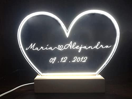 Oedim Placa Metacrilato para Regalo Corazón Personalizado + Base de Madera con Luz, Fabricado en Metacrilato de 4mm, Efecto Espejo