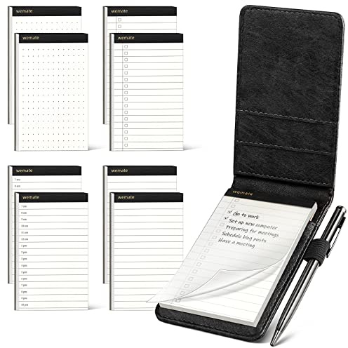 WEMATE 10 pièces Cuir PU Carnet de Poche,Bloc Note,8 Mini Bloc Notes de Poche avec recharges et stylo à bille en métal pour,Petit Carnet de Notes de Poche,pour bureau, école Noir
