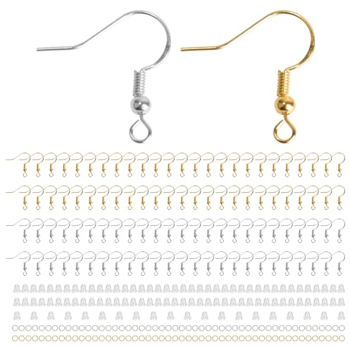 Kit de fabricación de pendientes de oro y plata de 300 piezas, ganchos de pendientes hipoalergénicos con 100 piezas de respaldos de silicona transparente para la fabricación de joyas DIY