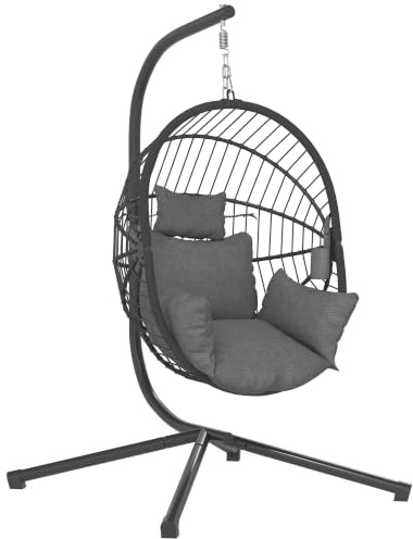 Outsunny Outdoor Swing Chair Thick Padded Cushion Grey | Patio Hanging Egg Chair, Metal Stand, Foldable Baske, Cup Holder, Rope Structure, Indoor Outdoor