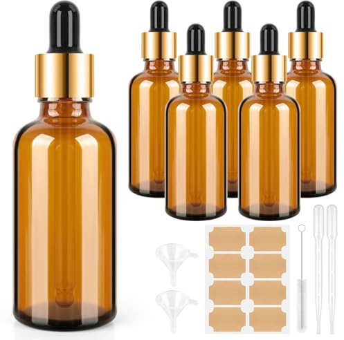 BELICOO 6 st droppflaskor i glas, 50 ml pipett med trattar, etiketter – återanvändbara bärnstensglasflaskor för parfym, eteriska oljor, aromaterapiblandningar