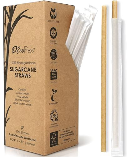 EcoPreps Biodegradable Sugarcane Straws, Plastic-Free Individually Wrapped Straws | 100 Count, 100% Compostable, Eco-Friendly Drinking Straw | 7.8” Sugar Fiber Disposable Straw, Packed in Paper Wrap