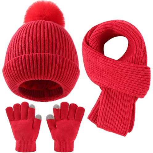 Yaopelky Niño Niña Gorro Beanie Bufanda Guantes con Pantalla táctil Juego de Gorro Tejido Cálido con Pompón Bufanda Larga para el Cuello Calentadores de Manos, rojo, Einheitsgröße für Kinder von 4-10