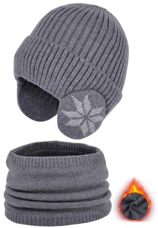 GANYKQ 2 x Plüsch-Trappermütze für Kinder mit Halswärmer, für den Winter, für Outdoor, Radfahren, Klettern, warme Trappermütze, grau dunkel, as described