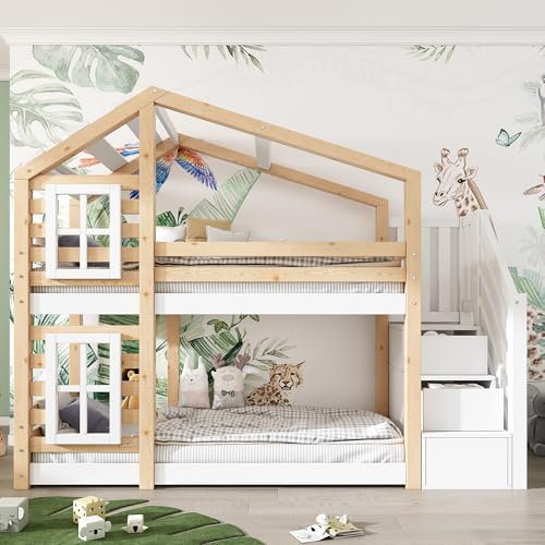 GYNGTLC Lettino per bambini con scivolo e scala, 90 x 200 cm, letto a soppalco per bambini, 2 reti a doghe (bianco con stoccaggio)