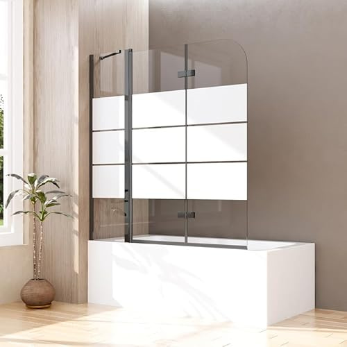 Duschwand für Badewanne 160x140cm 3-teilig Faltbar Schwarz Duschtrennwand, Gestreift Glas Badewannenaufsatz mit festem segment Duschabtrennung aus 6mm ESG Sicherheitsglas, 160 breit Badewannenwand