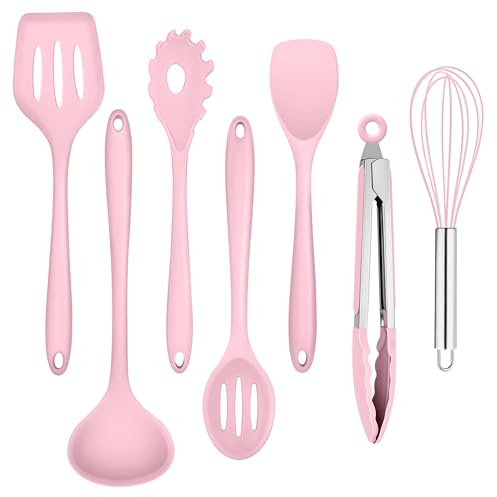Homikit Küchenhelfer Set, 7 Stück Rosa Silikon Küchenutensilien Kochbesteck Set, Antihaft Hitzebeständiger Kochutensilien mit Pfannenwender zum Kochen, Backen, Gesund/Spülmaschinenfest