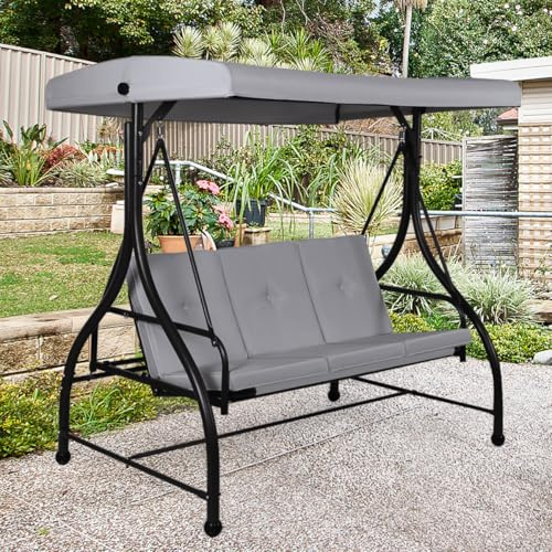 SFAREST 3 Seater Swing Chair, Hammock Bench Garden Swing Seat with Adjustable Canopy and Cushions, Outdoor Hanging Rocking Chair for Balcony Backyard Poolside (Grey)