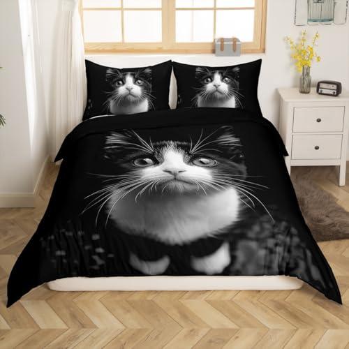 Homemissing Chat Parure de Lit 220x240 Enfant Chat Noir et Blanc Housse de Couette 1 Personne en Microfibre avec Fermeture Éclai, Animaux Ensemble de Literie Adulte avec 2 Taies d'oreiller 65x65 cm