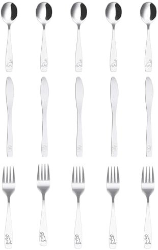 15 Pièces Couverts Enfant en INOX, 5 x Fourchette,5 x Cuillère,5 x Couteau Dentelé,Sûr Couverts Pour Enfants avec Motif Mignon,Set Couvert Bebe pour Garçons Filles