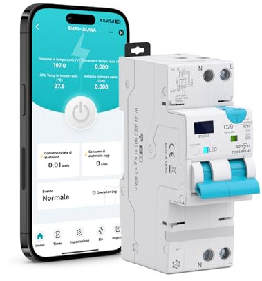 TONGOU Intelligente Interruttore Differenziale e Magnetotermico RCBO,Riarmo Automatico Tipo A 1-20A 30mA 1P+N, Protezione da Sovraccarico & Cortocircuito - Connessione WiFi/TUYA App
