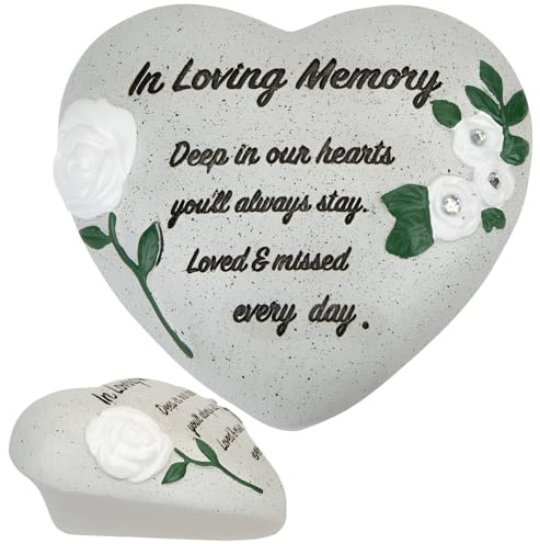 In Loving Memory Décoration commémorative en forme de cœur avec strass et roses blanches – Décoration funéraire pour tombe – Décoration de cimetière pour maman, papa, grand-père – Souvenir funéraire