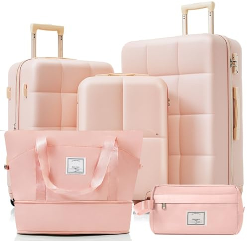 LANGSTON Koffer-Set 5-teilig – 3 Trolleys (groß, mittel, klein) mit Reisetasche & Beautycase | TSA-Schloss | 360° Rollen | Verstellbarer Teleskopgriff | Leicht & Elegant,Rosa