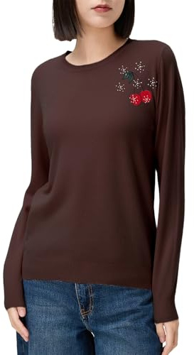 Beauty Women – Maglione Donna con Ricamo Ciliegia e Spalle con Dettagli Brillanti | Maglia Fine Elasticizzata con Collo Rotondo – Taglie S/M e L/XL – Colori Beige, caffè, Kaki, Nero, Bianco, Grigio