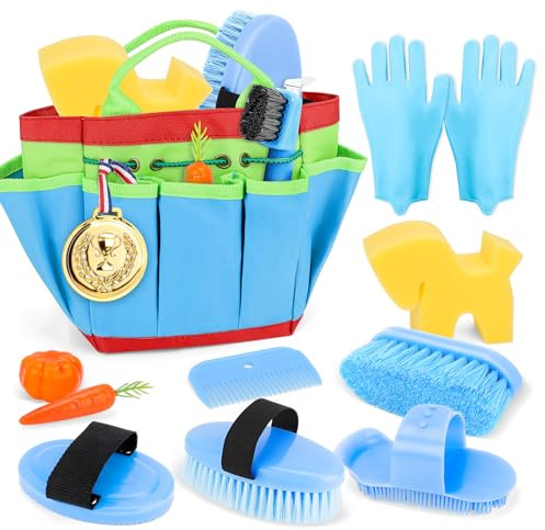 deAO Spielzeug Pferdepflege-Set mit Tasche, Putzzeug Pferde für Kinder, Zubehör für Pferde Spielzeug mit Kardätsche, Handschuhe, Massagebürste, Mähnenkamm, Hufkratzer, Pferdchenschwamm (Blau)